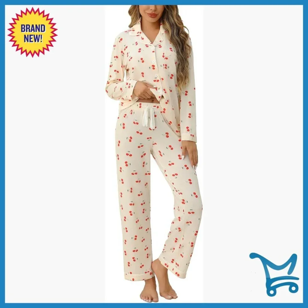 Long Sleeve Pajama Set with Button-Up Shirt and Drawstring Pants, Loose Fit